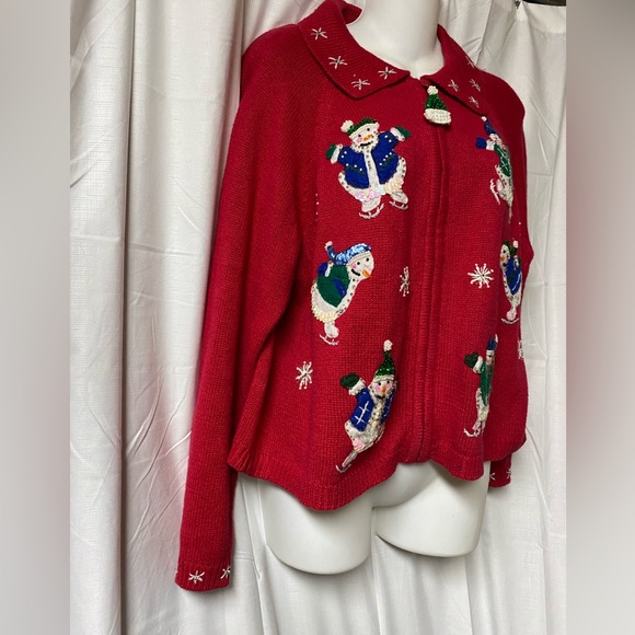 Vintage Tiara Sequence Ice Skating Snowman Xmas Cardigan Sweater By Tiara ,PXL - Picture 3 of 14